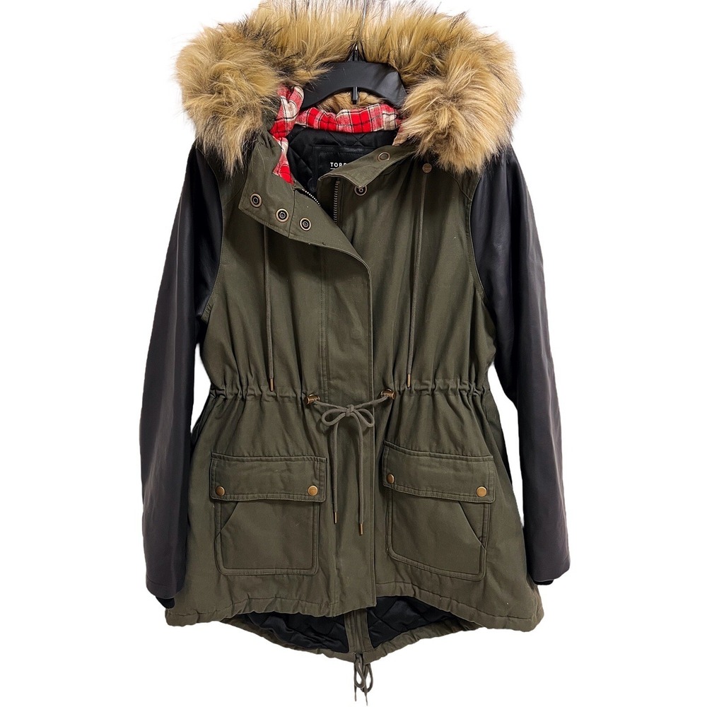 Torrid Hooded Jacket Olive Green Parka Faux Leather Sleeves Women's M